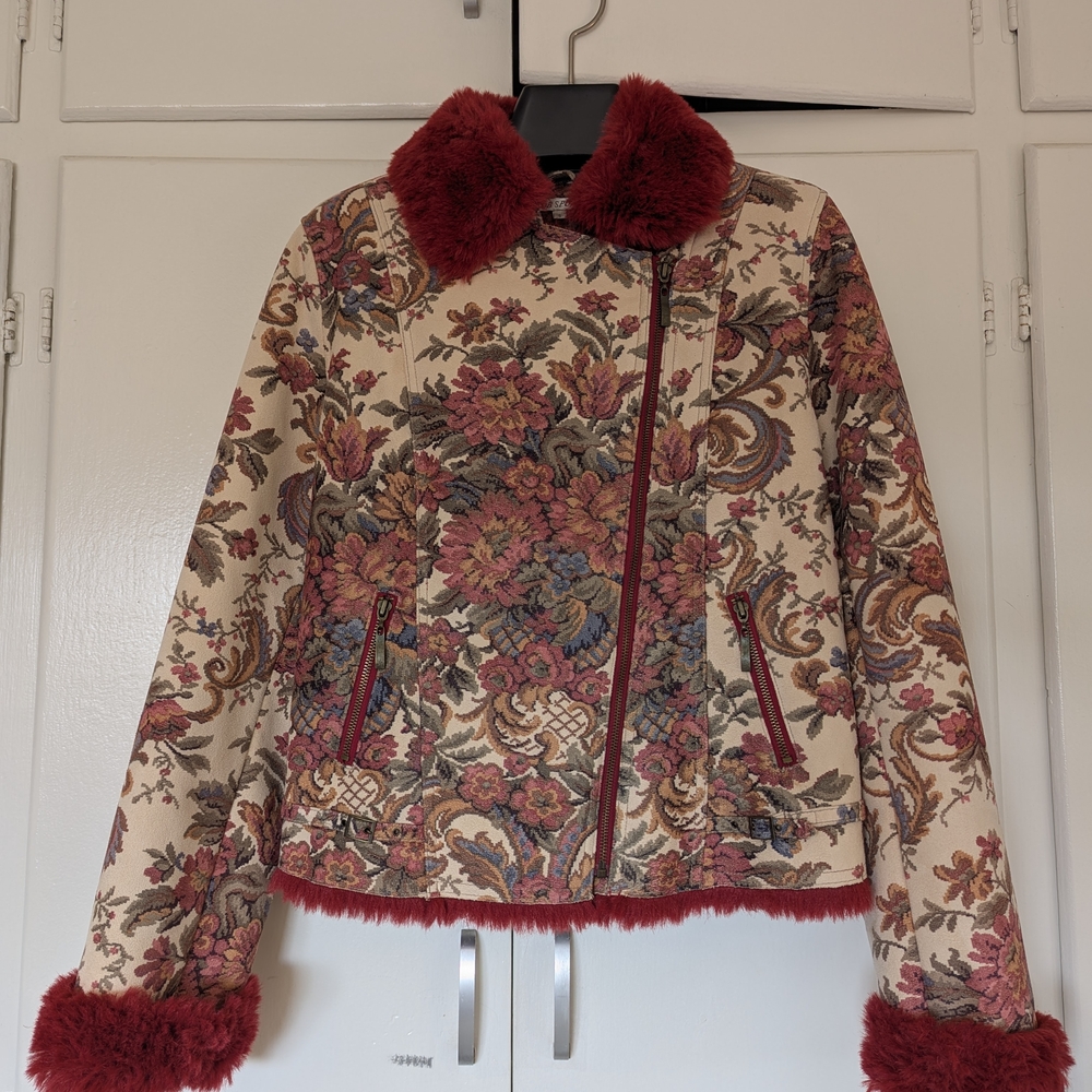 Women's Small Elegant Floral Teddy Jacket with Red Trim By DB Sport